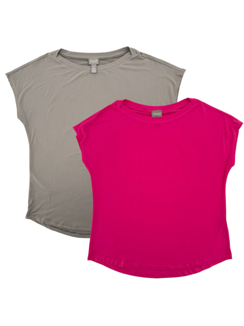 2 Chico’s Tops Hot Pink Khaki Tan Boat Neck Short Sleeve Basic Tee Sz 2/L NEW